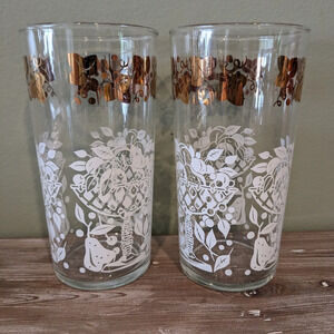 Vintage MCM 2 Hazel Atlas Tumbler Drinking Glasses Gold & White Fruit Basket